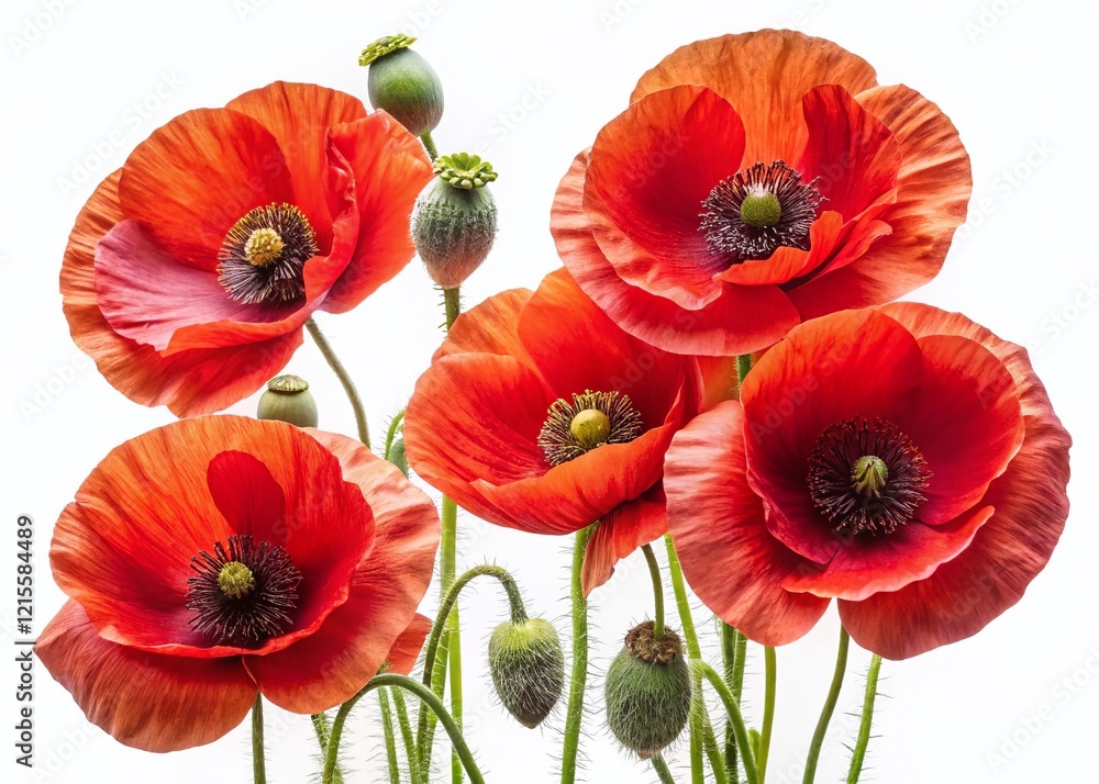 Obraz premium Vibrant Red Poppy Flowers Isolated on White, Perfect for Spring Floral Designs