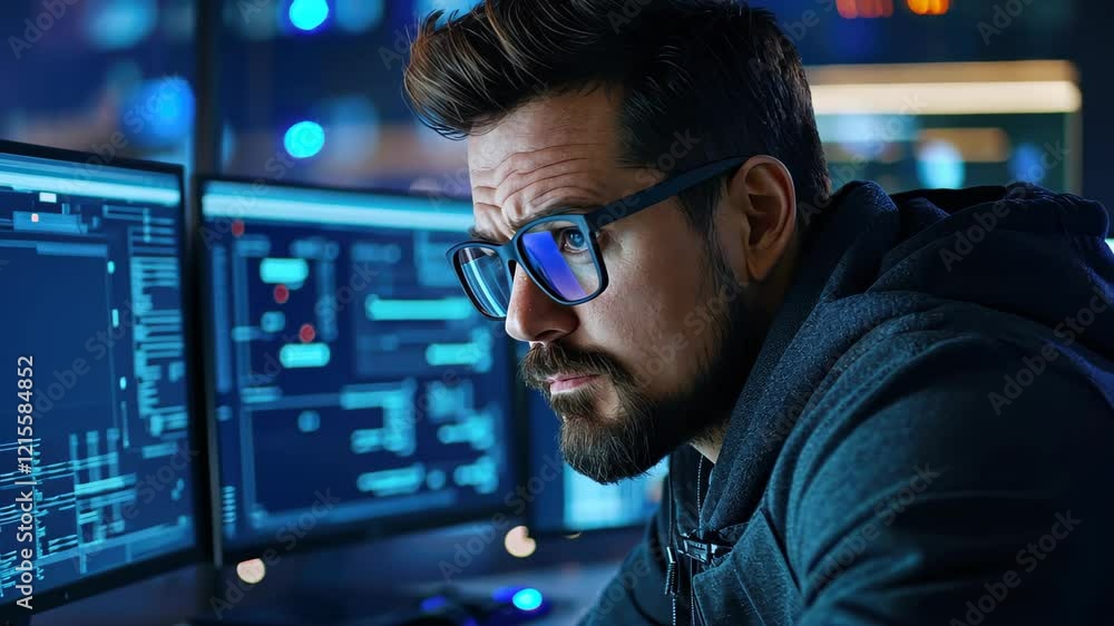 A skilled male programmer showcases confidence as he works in a sleek office, coding on multiple screens. A skilled male programmer showcases confidence as he works in a sleek office, coding on multiple screens.