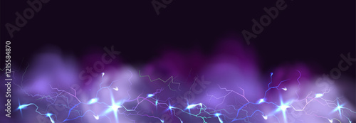 Powerful electrical current energy. Flash of lightning in a magic frame. Neon discharge in smoke effect.