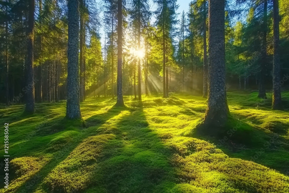 A coniferous forest with sunlight dappling through moss-covered trees and rocks A coniferous forest with sunlight dappling through moss-covered trees and rocks