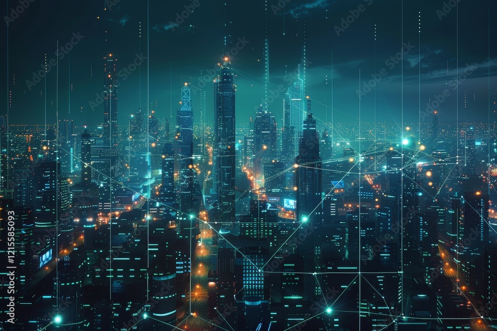 A futuristic cityscape at night with glowing lines connecting buildings, representing a digital network. A futuristic cityscape at night with glowing lines connecting buildings, representing a digital network.