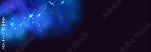 Powerful electrical current energy. Flash of lightning in a magic frame. Neon discharge in smoke effect.