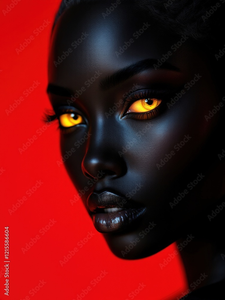 Enigmatic Glow: A Striking Portrait of a Woman with Glowing Amber Eyes Against a Vivid Red Background, Evoking Power and Mystique
Enigmatic Glow: A Striking Portrait of a Woman with Glowing Amber Eyes Against a Vivid Red Background, Evoking Power and Mystique