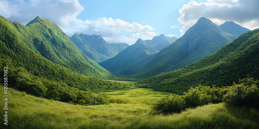 Fototapeta premium Panoramic View of Forested Valley and Mountains