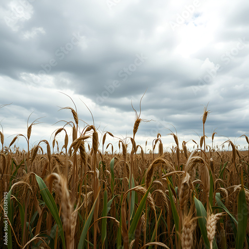 Withered crops in a field under a dark sky, symbolizing agricultural decline under austerity measures, economic crisis, depression, austerity measures photo