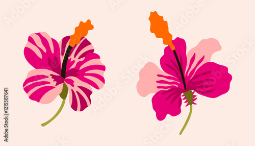 Mid Century tropical flower hibiscus. Jungle exotic plant. Texture with stripes. Aloha vector for poster, background, decor.
