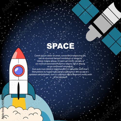 Space galaxy cosmos with planets satellite rocket and stars. Exploring missions with no gravity 