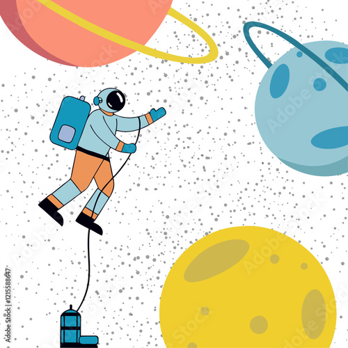 Astronaut is flying in space galaxy cosmos with planets and stars. Exploring missions with no gravity 