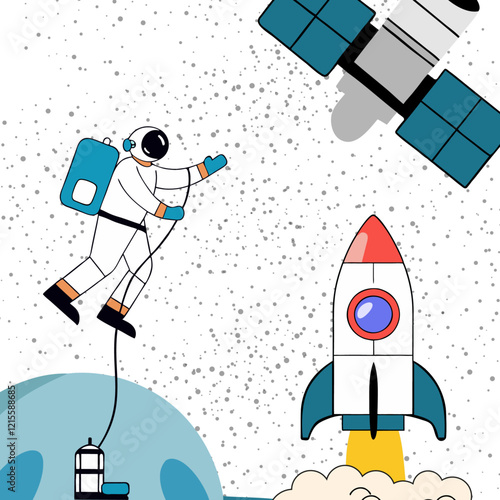 Astronaut is flying in space galaxy cosmos with planets satellite rocket and stars. Exploring missions with no gravity 