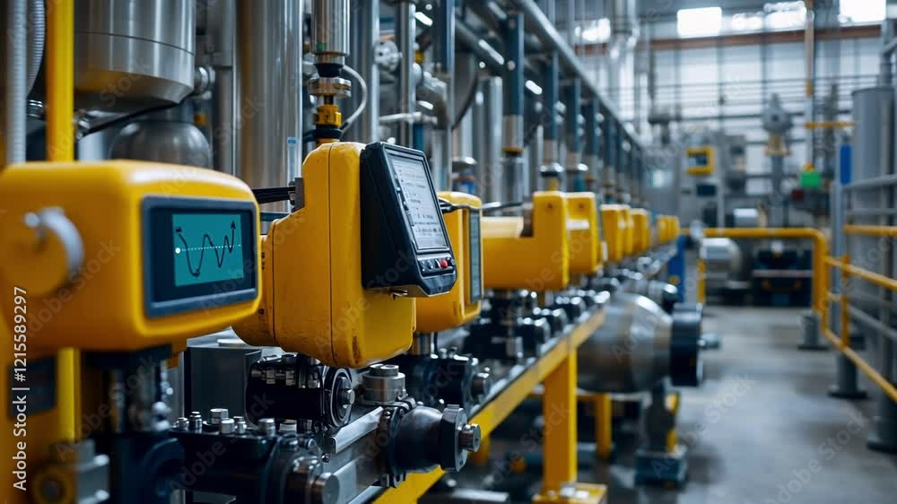 Control system monitors industrial production process, with digital display showing sine wave, ensuring efficient operation and quality control in modern manufacturing environment Control system monitors industrial production process, with digital display showing sine wave, ensuring efficient operation and quality control in modern manufacturing environment