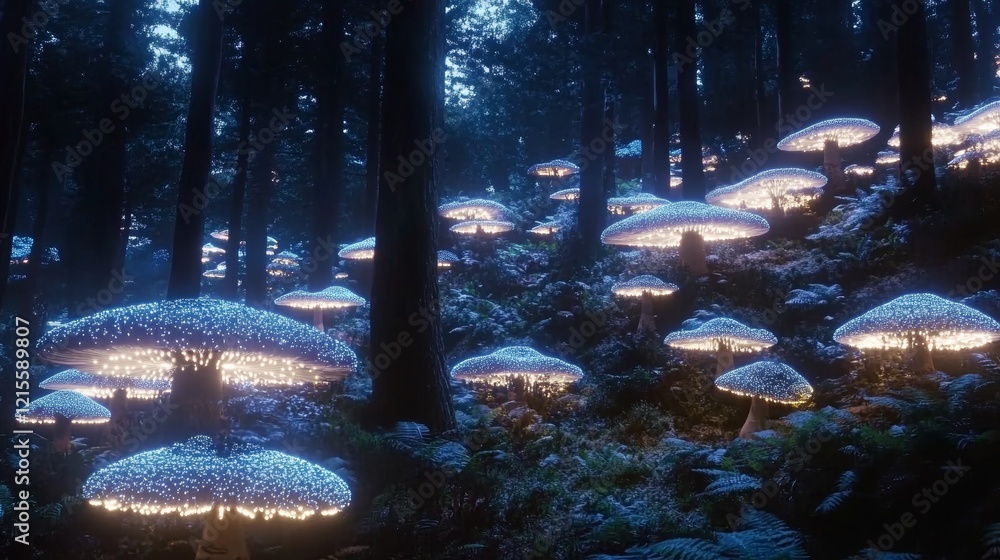 Fototapeta premium In a realm of enchantment, the forest sparkles with the soft glow of bioluminescent fungi, where mythical beings roam and ancient oaks stand tall, surrounded by a mystical energy