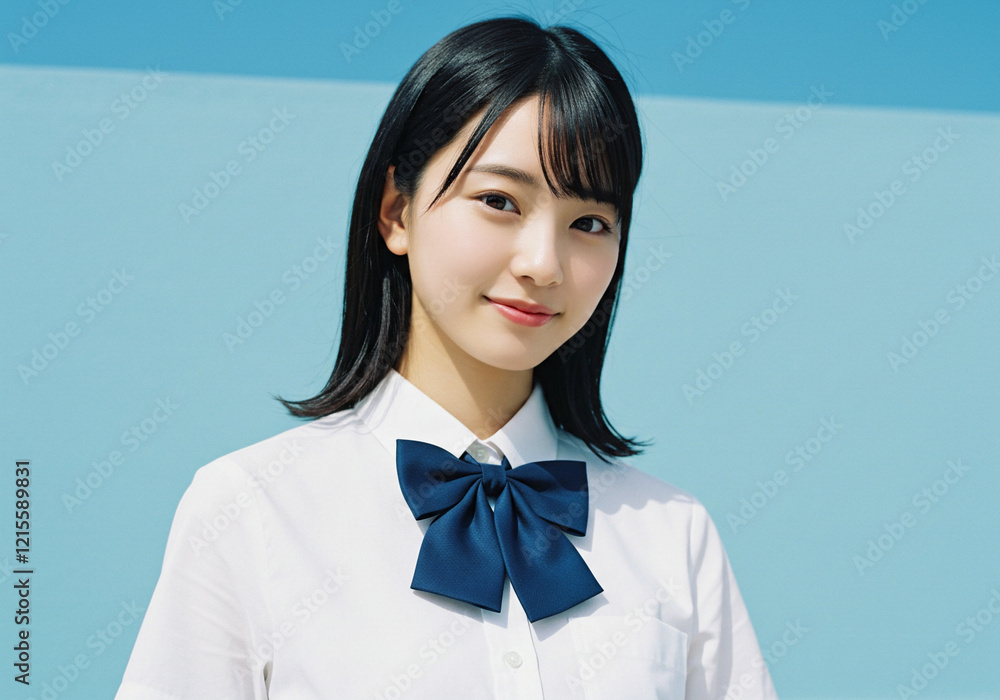 笑顔の女子学生、制服、青背景