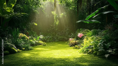 In a vibrant tropical forest, sunlight peeks through lush green leaves, casting enchanting shadows, and imbuing the place with magical forest energy