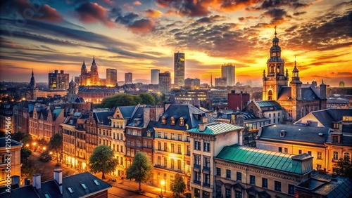 Vintage Cityscape Dusk: Illuminated Skyline & Buildings Stock Photo