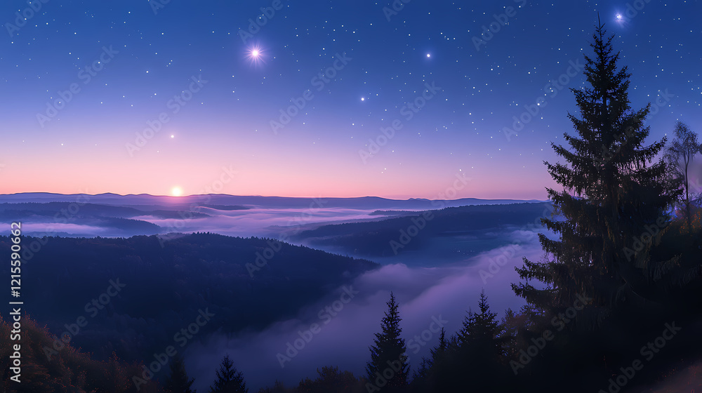 A serene twilight landscape showcasing celestial bodies and a foggy valley below. Heavenly Valley. Illustration A serene twilight landscape showcasing celestial bodies and a foggy valley below. Heavenly Valley. Illustration
