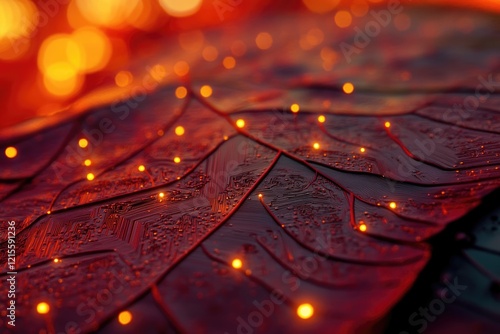 Abstract image of a leaf-like structure with circuit board patterns illuminated by warm, glowing lights. photo