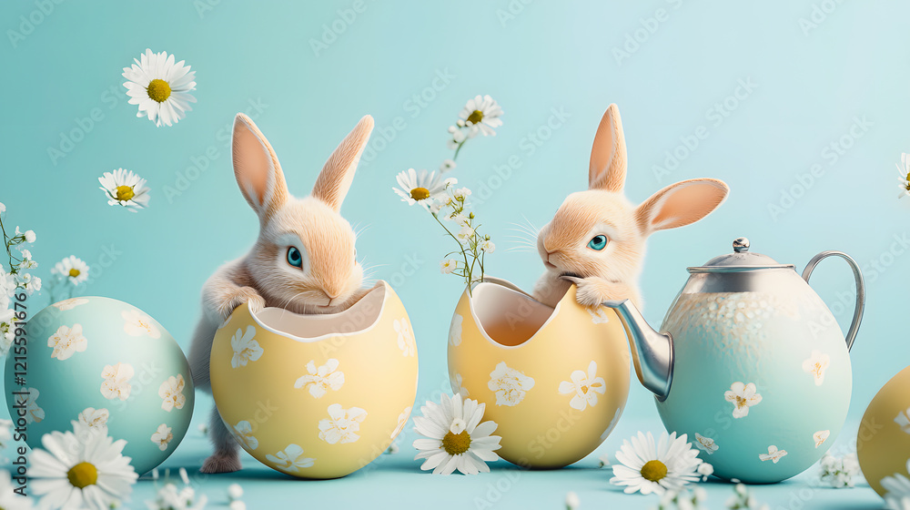 Obraz premium Adorable Easter illustration of fluffy white bunnies inside decorated eggs. One bunny playfully pours water from a tiny watering can, creating a whimsical and magical spring scene.