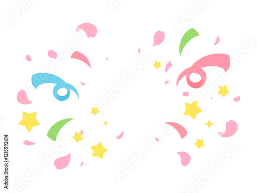 桜の花びらとリボンと星が弾ける背景イラスト
