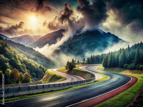Vintage Foggy Mountain Road Race Track Asphalt Circuit Landscape