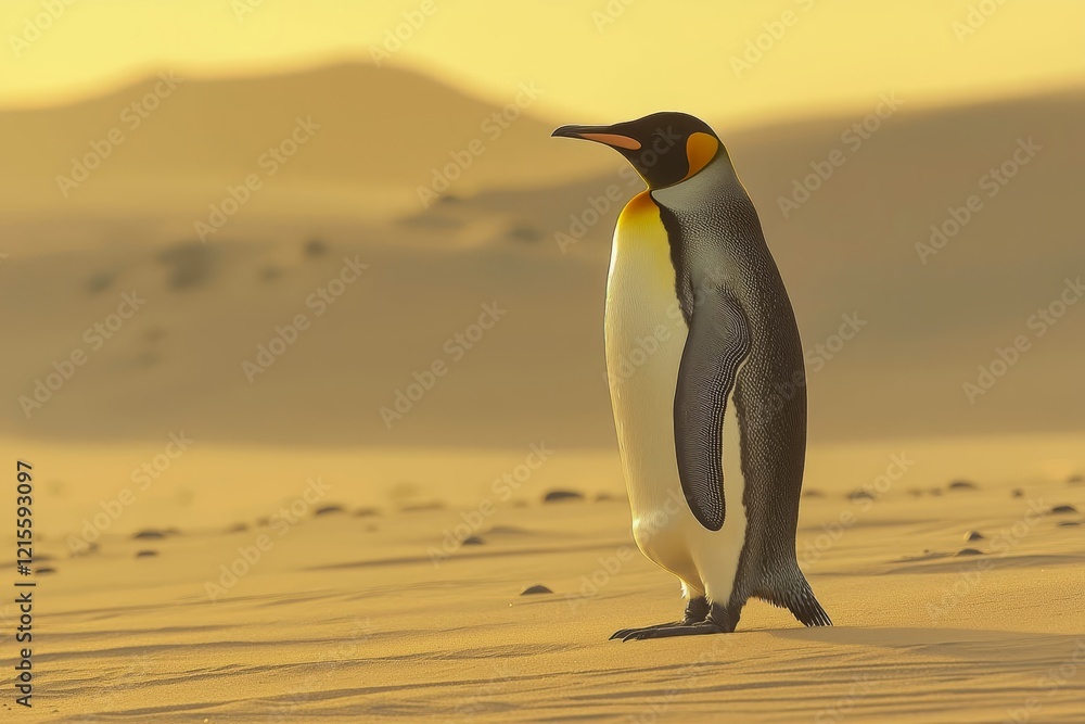 Obraz premium A majestic Emperor penguin stands gracefully on a sand in desert.