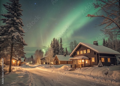 Vintage Winter Village Northern Lights - Magical Snowy Scene photo