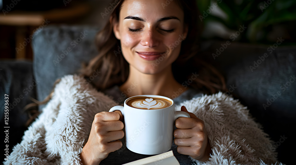 A woman is holding a white coffee mug and smiling A woman is holding a white coffee mug and smiling