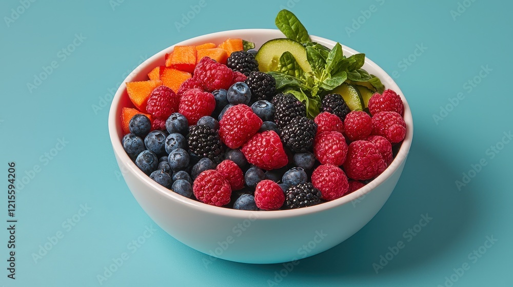 A vibrant bowl of mixed berries and fresh fruit, featuring raspberries, blueberries, and slices of cucumber, set against a bright blue background. A vibrant bowl of mixed berries and fresh fruit, featuring raspberries, blueberries, and slices of cucumber, set against a bright blue background.