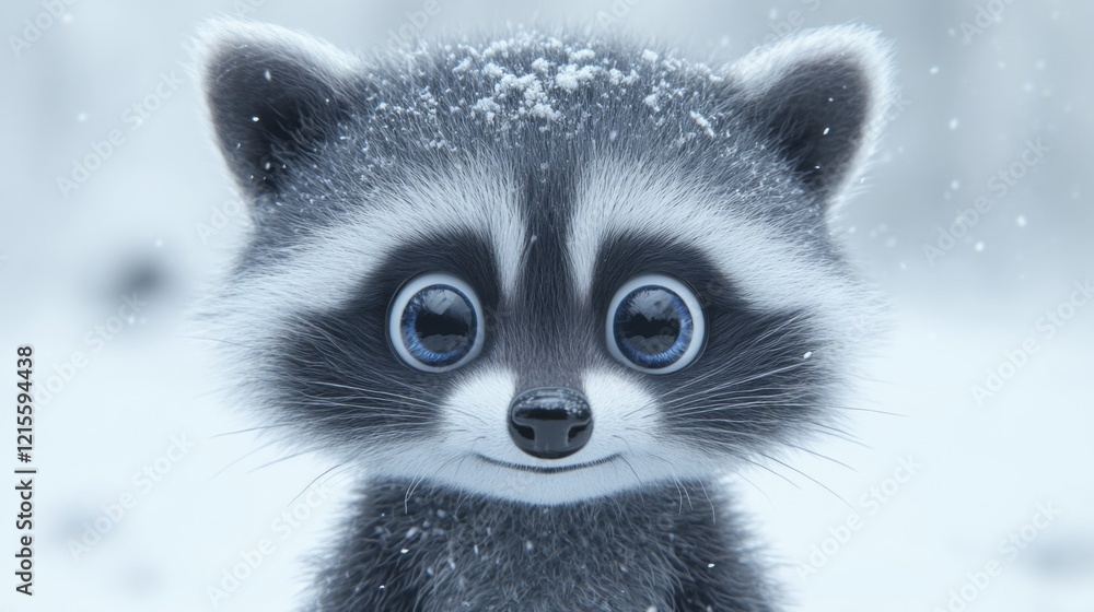 Adorable cartoon raccoon with big eyes in snowy winter wonderland Adorable cartoon raccoon with big eyes in snowy winter wonderland