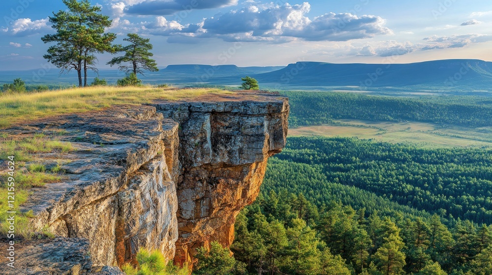 Obraz premium Clifftop Sunrise, Forest Vista, Summer Landscape