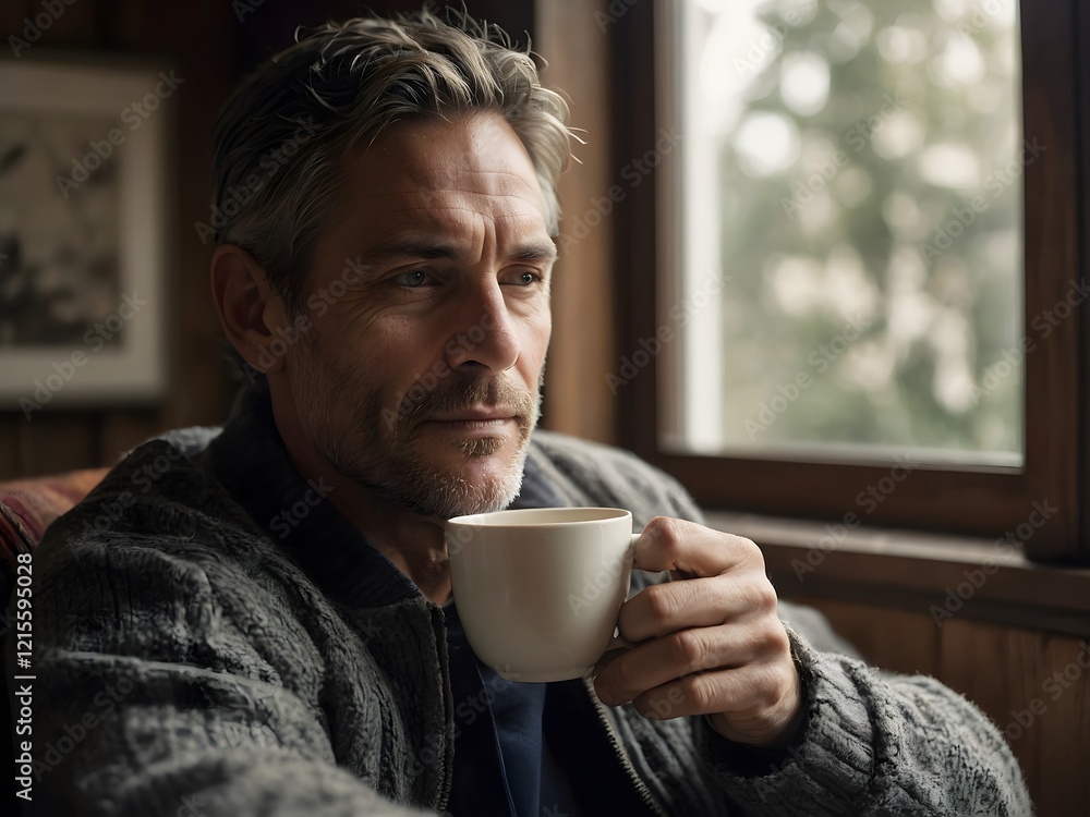 portrait photograph of a relaxed man, sitting comfortably, enjoying a cup of tea portrait photograph of a relaxed man, sitting comfortably, enjoying a cup of tea