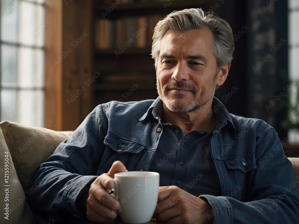 portrait photograph of a relaxed man, sitting comfortably, enjoying a cup of tea portrait photograph of a relaxed man, sitting comfortably, enjoying a cup of tea
