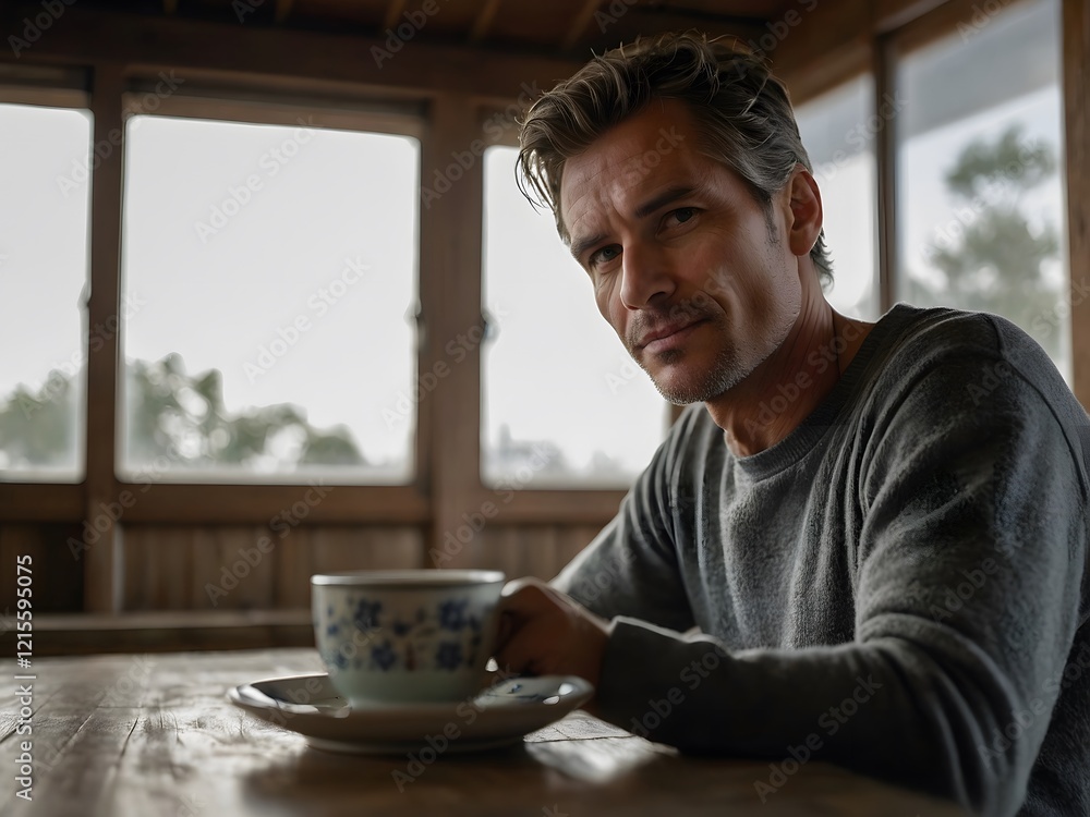 portrait photograph of a relaxed man, sitting comfortably, enjoying a cup of tea portrait photograph of a relaxed man, sitting comfortably, enjoying a cup of tea