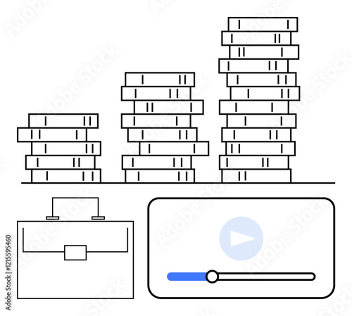 Stacks of coins in ascending order near a briefcase and a video player timeline. Ideal for finance, investment, e-learning, online training, wealth management, business strategy, abstract line flat