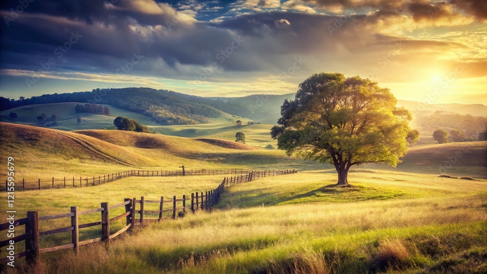 Obraz premium Vintage Landscape Photography: Rolling Hills, Sunlit Meadow, Rustic Charm