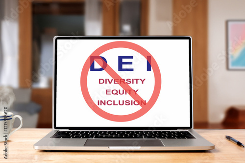 A laptop with DEI in red banned circle