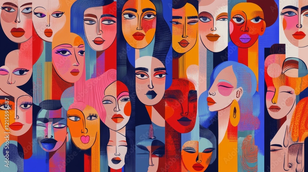 Obraz premium Diverse faces in colorful artwork showcasing unique expressions and styles in a vibrant background