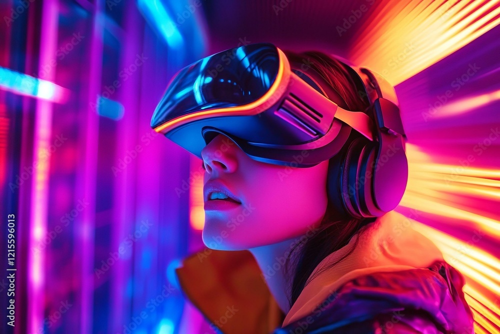 A woman is immersed in a virtual reality experience her expression illuminated by neon lights of studio creating a captivating and futuristic abstract technology background A woman is immersed in a virtual reality experience her expression illuminated by neon lights of studio creating a captivating and futuristic abstract technology background