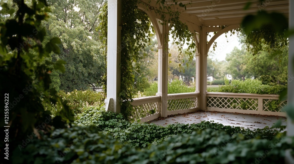 Obraz premium A sunlit gazebo framed by lush greenery exudes tranquility and invites peaceful relaxation in a natural garden setting.