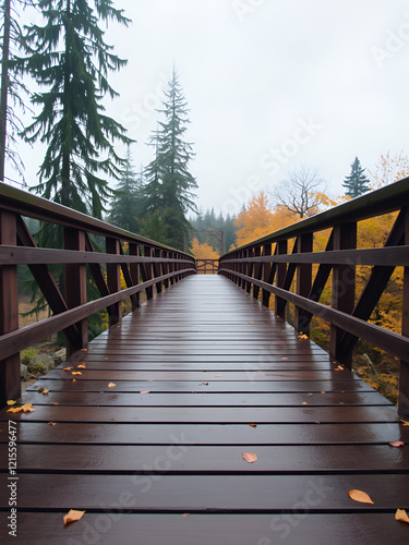 Wooden bridgeon a rainy autumn day  in Vancouver Island, British Colombia, Canada photo