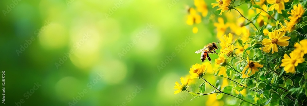 Nature summer Background with Bee collects nectar Nature summer Background with Bee collects nectar