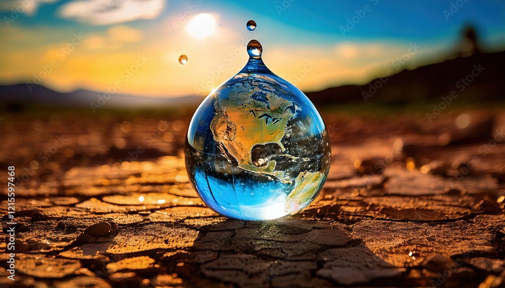 Climate Change, a globe revealed by a drop of water lies on dry earth.