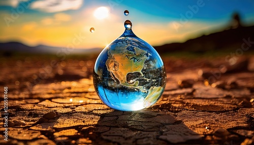 Obraz na płótnie Climate Change, a globe revealed by a drop of water lies on dry earth. w salonie