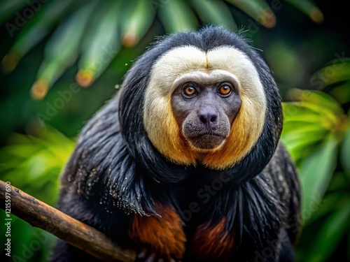 White-faced Saki Monkey in Low Light Rainforest Habitat -  Amazonian Wildlife Photography