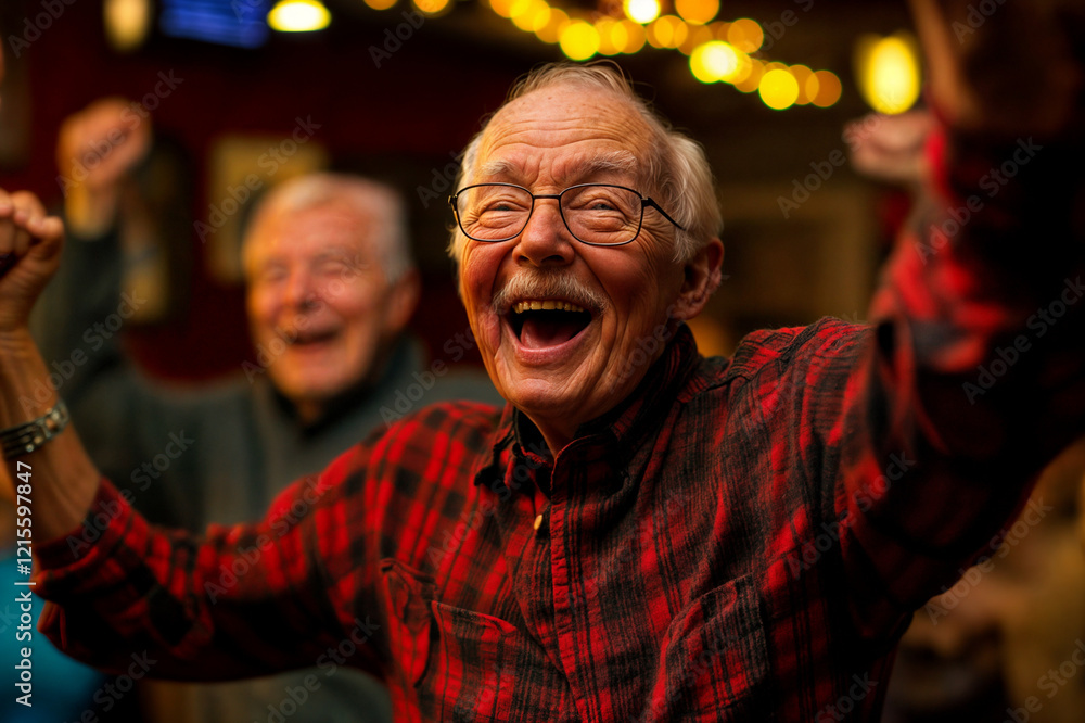 The image shows two older men smiling and raising their fists in excitement The image shows two older men smiling and raising their fists in excitement