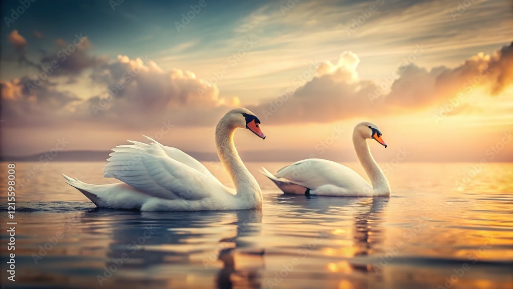 Fototapeta premium Vintage Photo: Two White Swans by the Sea