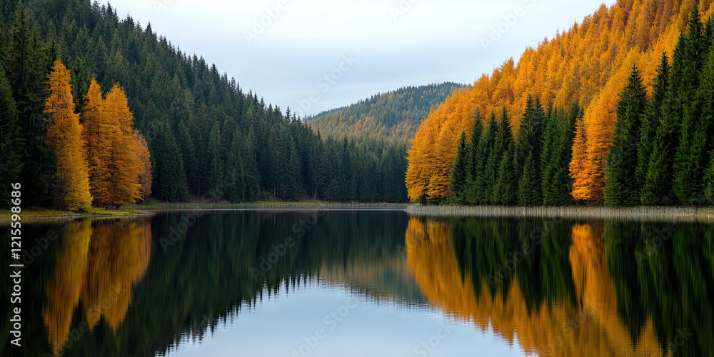Obraz premium Lake Reflection of Evergreen and Autumnal Trees