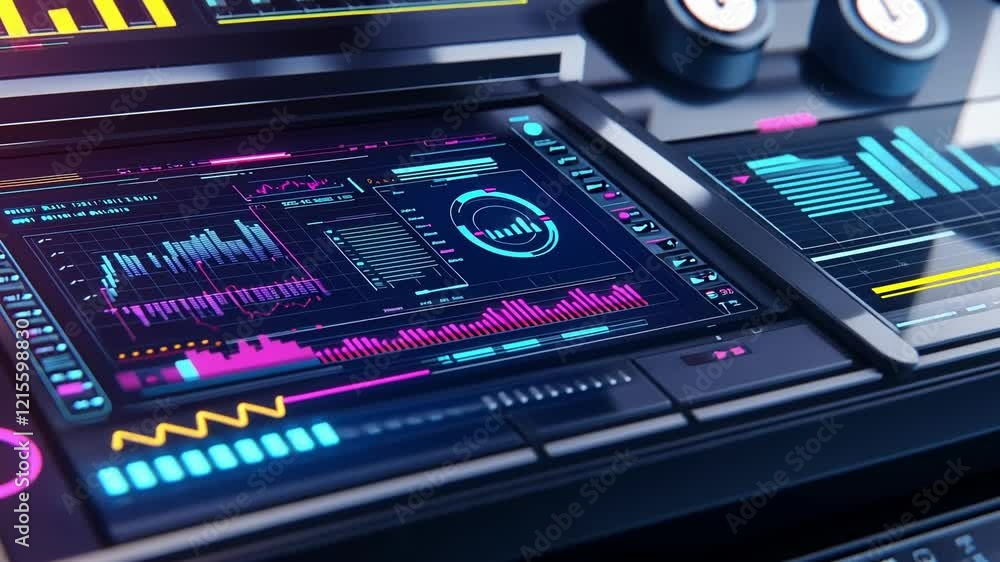 Glowing futuristic control panel displaying complex data analysis ...