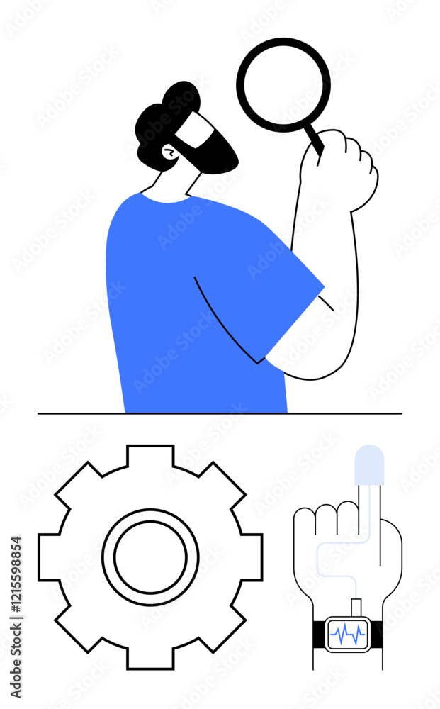 Man holding magnifying glass representing exploration, gear symbolizing productivity, smart device monitoring health. Ideal for innovation, diagnostics, engineering, health tech, data analysis Man holding magnifying glass representing exploration, gear symbolizing productivity, smart device monitoring health. Ideal for innovation, diagnostics, engineering, health tech, data analysis