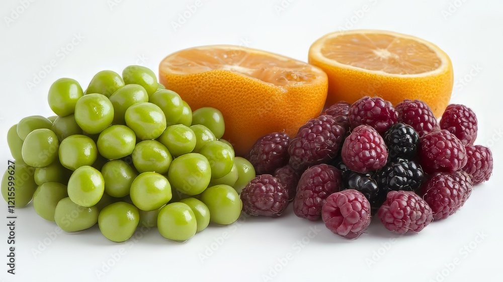 Vibrant assortment of fresh green grapes, juicy orange halves, and luscious raspberries, perfect for healthy eating and vibrant lifestyle promotions. Vibrant assortment of fresh green grapes, juicy orange halves, and luscious raspberries, perfect for healthy eating and vibrant lifestyle promotions.