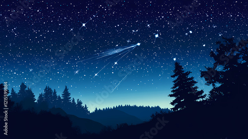 A stunning landscape of a star-filled sky against a deep indigo blue background, cosmic, stardust, magical. Indigo Skies. Illustration